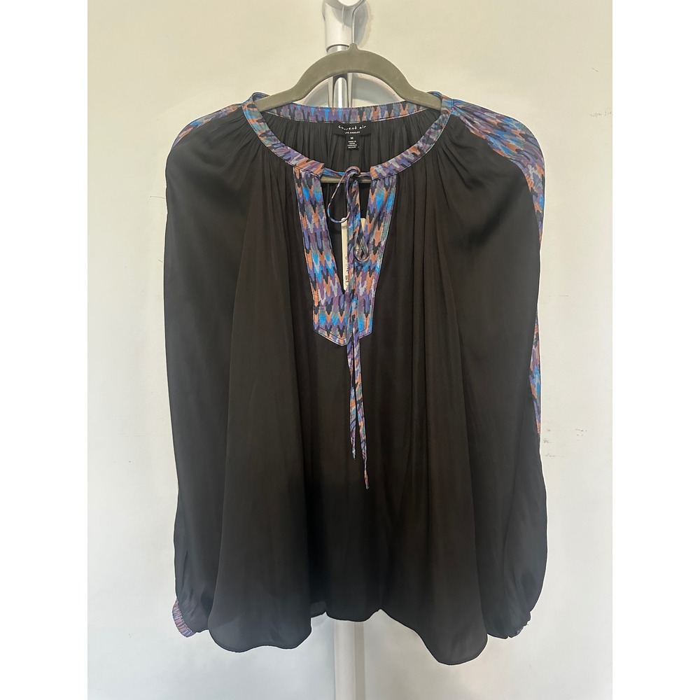 Current Air Los Angeles Intuition Black Geometric Trim Tie Neck Blouse M 2330399